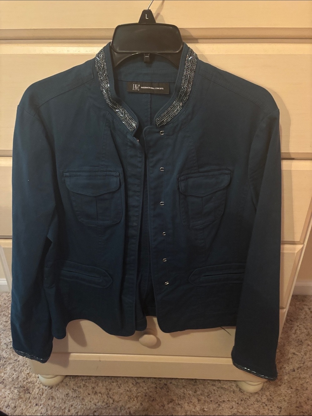 INC International Concepts Teal Blue Utility Jacket with Embroidered Trim
